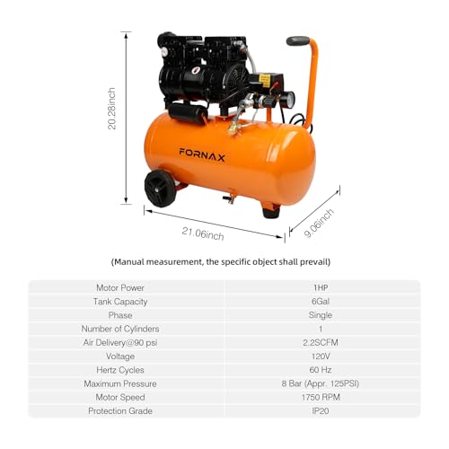 FORNAX Portable Air Compressor 6 Gallon, 1 HP 2.2CFM@ 90 PSI Oil Free Air Compressor, Max Pressure 125 PSI, 65 dB Quiet Compressor for Auto Repair, Tire Inflation, Spray Painting, Woodwork Nailing