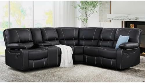 EBELLO Manual Reclining Sectional Sofa Set for Living Room, Soft Fabric Recliner Corner Sectional Couch with Center Console, Cup Holders and Storage (Black, Sofa)