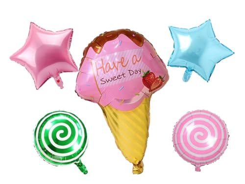 Image of ARV ZONE 5 Pcs Ice Cream Candy Foil Balloons and Star Foil for Birthday Theme Party Decorations Girls Boys Kids Birthday Baby Shower, Donut theme birthday decorations (Icecream 3rd)
