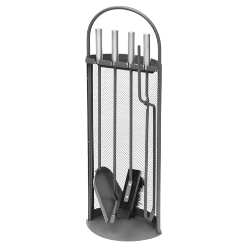 raik Kaminbesteck Anthrazit - 4-teiliges Ofenzubehör mit Edelstahlgriffen – Schaufel, Besen, Kaminzange, Schürhaken - Kamin Zubehör Kaminofen Holzofen, Kaminbesteck-Set mit Halter - Pulverbeschichtet