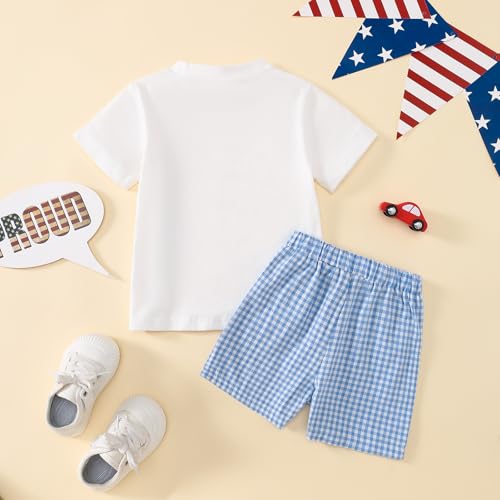 Image of Toddler Boy 4th of July Outfit Embroidered American Flag /Truck Shirt+Striped Shorts Independence Day 1-5T