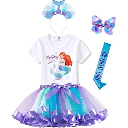 Tutu and Sian Mermaid Outfit Set – Shirt, Rainbow Tutu Dress, Satin Sash, Headband – Birthday Gifts for Girls Costume