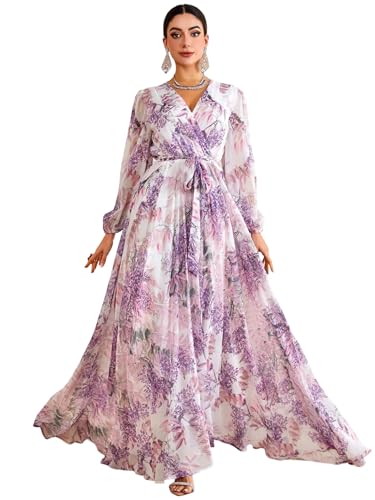 Image of TOLEEN Summer Casual Dresses for Women 2024 Spring Fashion Boho V Neck Long Sleeve Ruffle Floral Print Elegant Maxi Dress