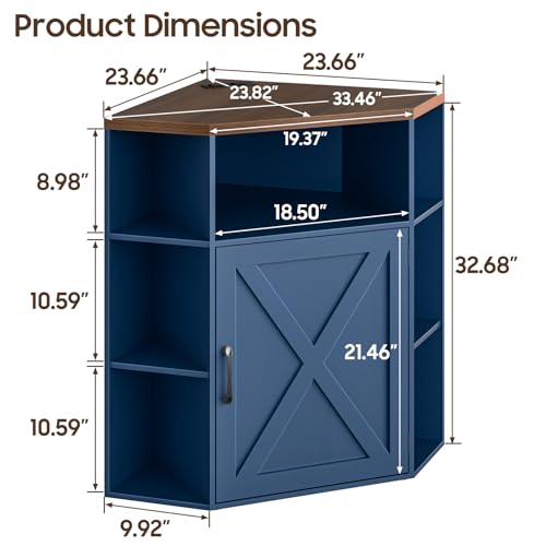 Image of Halitaa Corner Storage Cabinet, Farmhouse Corner Bookshelf with Storage 6-Cubby Wooden Cabinet with USB Ports and Outlets Industrial Organizer for Small Space, Study, Playroom, Blue and Brown