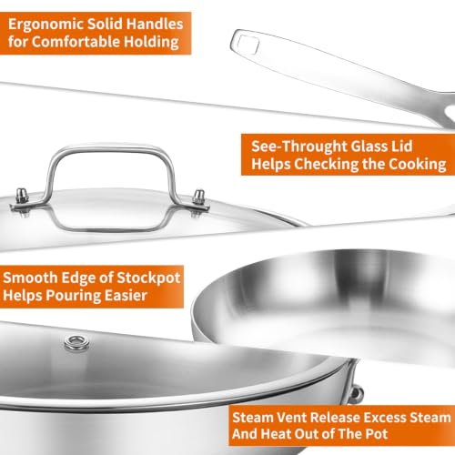 Image of DELARLO Tri-Ply Stainless Steel Frying Pan 8.3 inch With Lid kitchen skillet | Stainless Steel Pan Cooking Heat fast and evenly Compatible with All Cooktops Dishwasher and Oven Safe