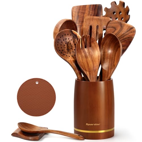 Spardar Utensili da Cucina in Legno, Set da 12 Pezzi di Cucchiai in Legno con 9 Cucchiai in Teak, Ripiano Cucchiaio, Presina, Porta Utensili da 3,3 Pollici, Decorazione Cucina e Regalo Di