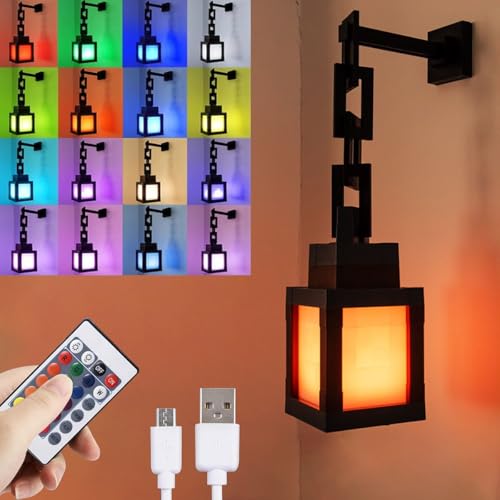 Pixelated Lantern Night Light - USB Rechargeable Night Lamp - 16 Colors LED Mood Light Touch Switch & Remote Control - Wall or Table Mounting Lights, Ideal for Room, Game Room Decor, Gifts for Boys