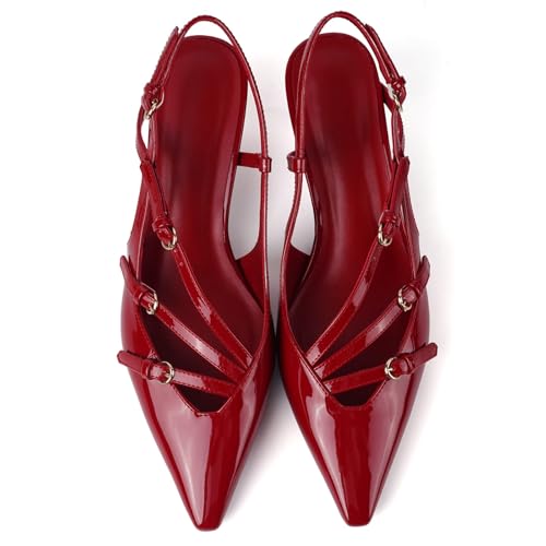 Image of CORNMOOD Stiletto Slingback Heels Pumps for Women | Glossy Patent Leather Kitten heel, Chic Dress Shoes for Modern Women, Ideal Wedding Evening Party and Work Office Outfit