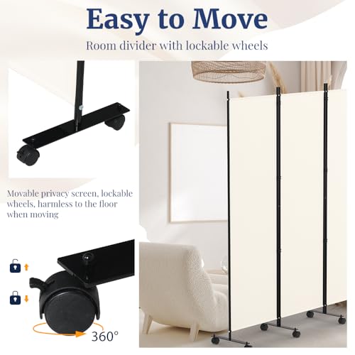 Kokorona 4 Panel Room Divider, 6FT Tall Rolling Privacy Screen with Lockable Wheels, Folding Wall Dividers Portable Room Divider for Room Separation, Included - Cover Strips, Beige, 88''W x 70''H by Kokorona - Image 4