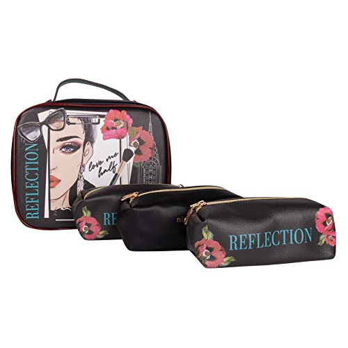 Nicole Lee Travel Handbag Crossbody Set with 3 Fashion Print Makeup Pouches, Women's Cosmetic Toiletry Organizer (Love Me Half)