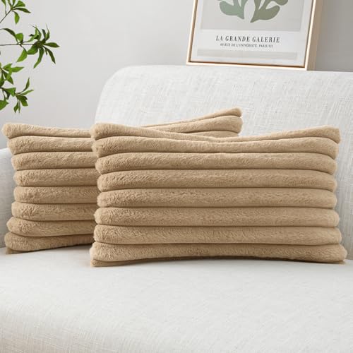 Image of MIULEE Faux Fur Lumbar Decorative Throw Pillow Covers 12x20 Set of 2 Khaki