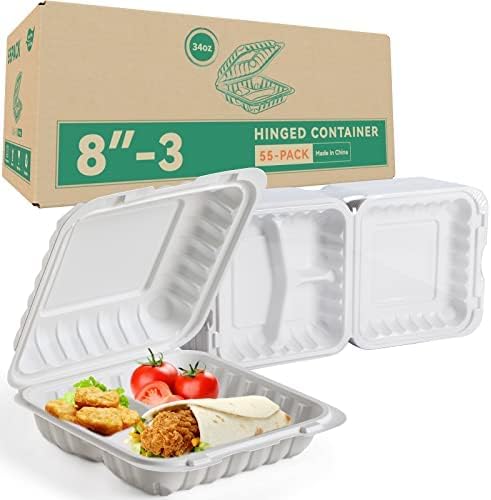 LEOBOX Takeout Container Mineral Filled PP Plastic - 55 Pack 8 Inch 34oz | Shrink Wrap BPA Free Food Container | Freezer & Microwave Safe for Food Delivery | White 3 Compartment Disposable Lunch Boxes