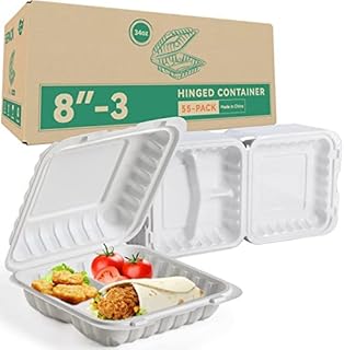 Takeout Container Mineral Filled PP Plastic - 55 Pack 8 Inch 34oz | Shrink Wrap BPA Free Food Container | Freezer & Microwave Safe for Food Delivery | White 3 Compartment Disposable Lunch Boxes