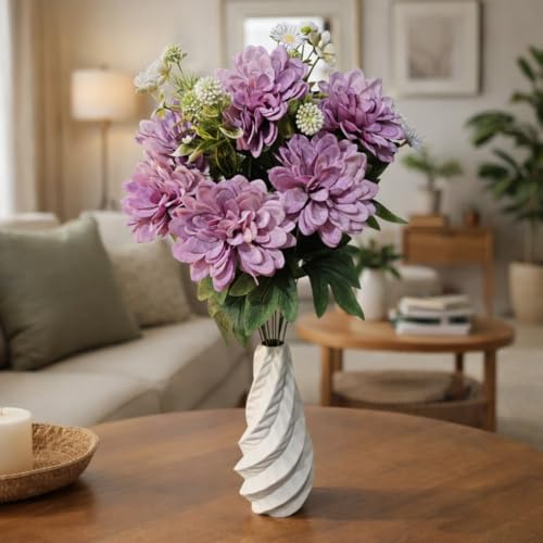 Image of Premium Combo Artificial Lavender Purple Dahlia Flower Bouquet with Designer Ceramic Vase | Snowflake Fabric Real Touch Flowers | Luxury Home Decor for Living Room Bedroom Office Table(ND-20)