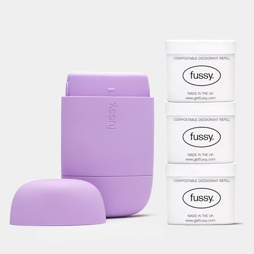 Fussy - Natural Refillable Deodorant - Lilac Case & Variety Refill Pack - Wide Eyed Citrus, Night Tales Flora & Wavy Days Mint - Aluminium Free - Vegan & Cruelty Free - 100% Natural & Effective