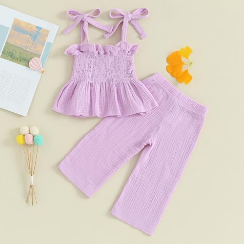 VISGOGO Infant Baby Toddler Girls Clothes Solid Color Sleeveless Camisole Linen Pants Set Baby Summer Outfits (Purple, 12-18 Months) - Thumbnail 4