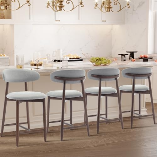 Image of COLAMY Wood Bar Stools Set of 4, Counter Height Bar Stools, Mid Century Modern Stools with Back, 25 Inch Upholstered Wooden for Kitchen Island Dining Room Bar, Light Grey