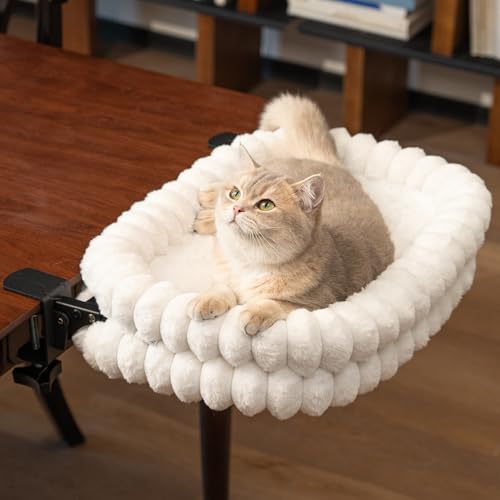 CheerPals Cat Desk Bed & Table Perch - Foldable Clamp-On Hammock for Indoor Cats Sturdy Metal Frame with Reversible Winter Plush & Summer Mesh Seat Space Saving Hanging Lounger Washable Cover