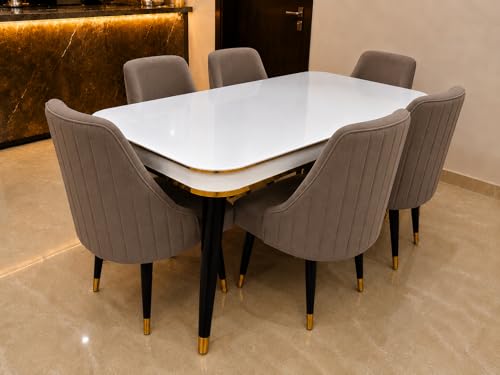 Image of WOODEN SPACE 6-Seater Wooden Dining Table Set | Nano Composite Marble Top | Solid Wood Base | Modern Dining Room Furniture with 6 Chairs (Brown Infinity Backline)