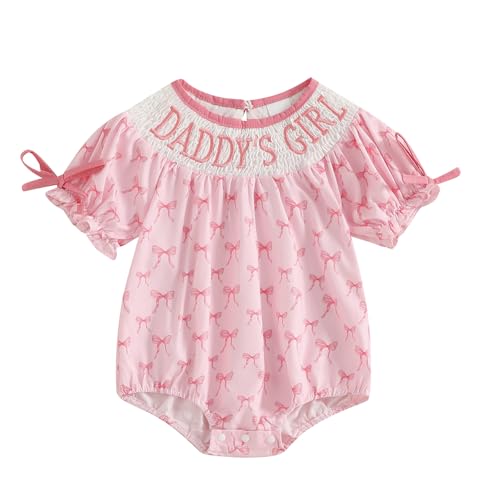 Image of Ursobutegl Newborn Baby Girl Romper Mamas Mini Bow Plaid Print Puff Sleeve Smocked Bubble Romper Jumpsuit Bodysuit Clothes