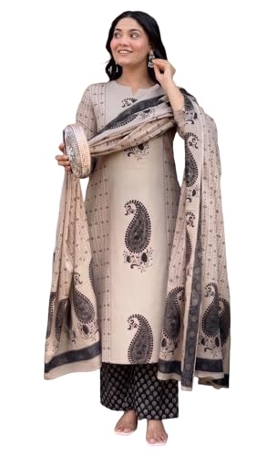 Image of Nermosa Women's Pure Viscose Block Printed Ethnic Wear Straight Kurta Set with Palazzo Pants & Dupatta | Kurta Set for Women | 3 Piece Set