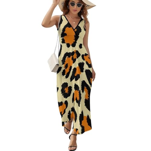 Robe maxi col V imprimé léopard sans manches au tissu frais et fluide