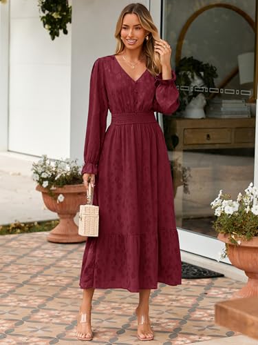 Image of BerryGo Womens Long Sleeve Empire Waist Maxi Dress V Neck Fall Wedding Guest Flowy Long Dresses