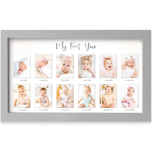 Image of My First Year Photo Frame,12 Months Baby Picture Frame (Cloud Gray) | Newborn Girl, Boy, Baby Shower Gifts Keepsakes, Monthly Baby's One Year Birthday Milestone,1st Nursery Photo Collage Display