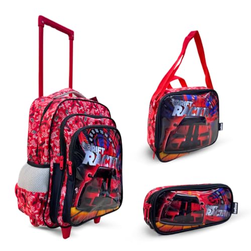 Balboa Kit Escolar com Rodinhas Drift Racer AMZ- 163 Estampa Carro efeito 3D, Lancheira térmica e Estojo duplo