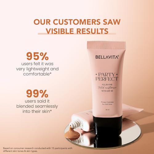 Image of BELLAVITA Party Perfect All-in-one Tinted Moisturizer with SPF 30 | Hydrating Skin Tint, Face Primer & Sunscreen | Lightweight Formula with Adaptive Tint for Natural, Dewy Glow | 30ml (Medium Shade)