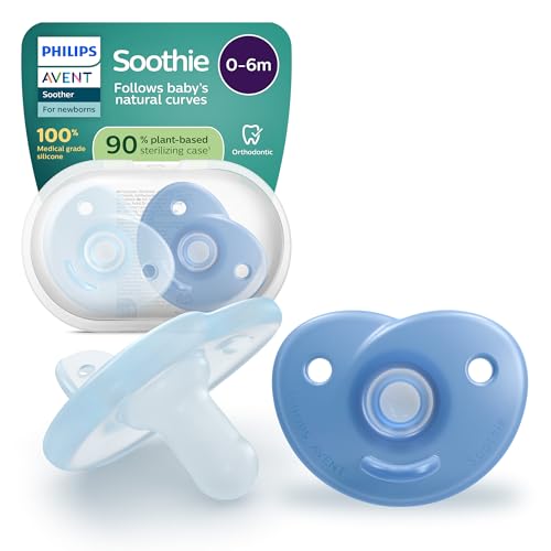 Philips Avent Soothie Soothers Orthodontic Soother for Newborns 0-6 Months One-Piece Design Flexible Silicone Teat Reduces Pressure BPA-Free with Sterilizing Case 2 Pack Blue SCF099/26