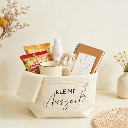Xvbhaq Geschenkkorb für Frauen, Praktischer Wiederverwendbarer Canvas Korb mit Herzmotiv und Schönem Druck, Perfektes Entspannungsgeschenk zur Kleinen Auszeit für Geburtstag und Jubiläum