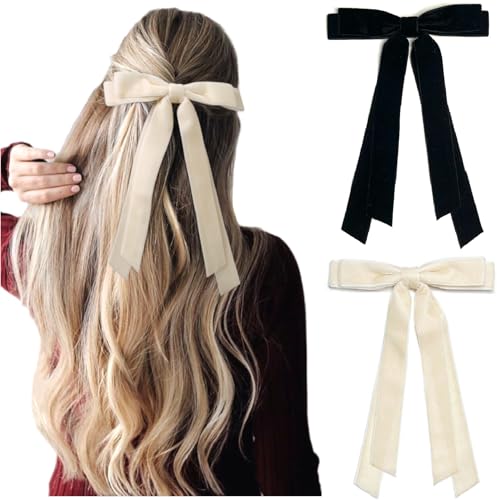 Velvet Hair Bows For Women Girls, Holiday Velvet Ribbon Bows For Hair Holiday Gifts, Black Cream White