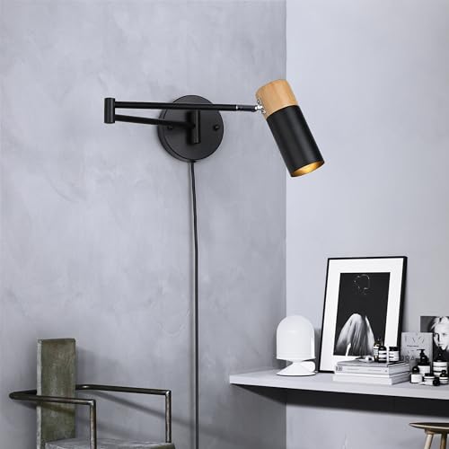Image of SUNLLOK Modern Black Swing Arm Plug in Wall Sconce - Industrial Adjustable Wood Ceiling Hanging Wall Light Fixture - Indoor Rustic Reading Wall Mounted Lamp Decoration for Living Room Kids Bedroom