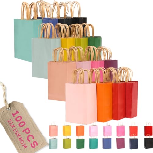 Gcardist 100 piezas de bolsas de regalo pequeñas de papel con asas–21,1 cm × 15,2 cm × 8 cm, pequeñas bolsas de fiesta de papel kraft – 16 colores monocromáticos