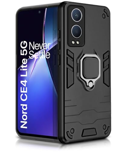 Image of WOW IMAGINE Shock Proof Back Case Mobile Cover for 1+ OnePlus Nord CE 4 Lite 5G | Back Cover Case (Tough Armor | Hybrid PC + TPU | Ring Holder & in-Built Kickstand | Black)