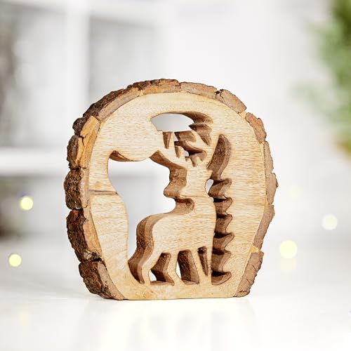 Image of Marco Paul Wooden Reindeer Ornament – 22 cm Mango Wood Figurine – Standing Deer Decoration for Christmas Table, Fireplace, or Mantel Display – Nordic Woodland Festive Home Décor