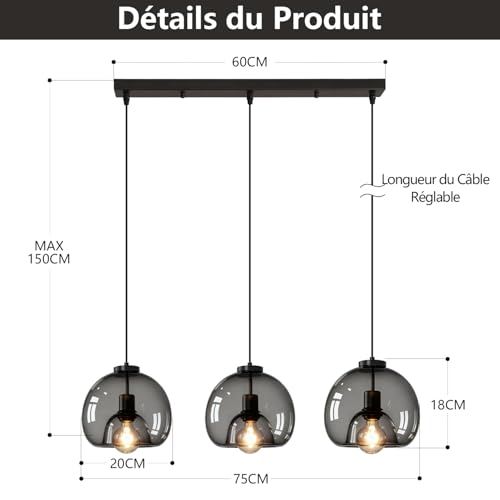 Suspension Verre Fumé Vintage 3 Lampes E27 zhawete