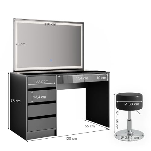 Vicco Tavolo Da Toeletta Antracite 55 Cm Con Specchio Led E Sgabello - 3