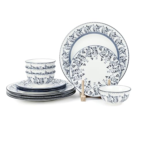 Shallow By Cuisine Art ROSA Porcelain 12-Piece Dinner Set Crockery Dinnerware with Plates Side Plates & Bowls | Stackable Tableware for Ramadan Iftar Family Dining & Everyday Use | Service for 4