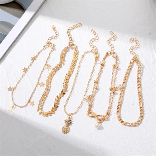 SANZEZ COOLive Layering Infinity Love Anklets Set for Women,Dainty 14K Gold Plated Pearl Heart Butterfly Star Pineapple Pendent Anklets Bracelets Beach Foot Chain Ankle Jewelry