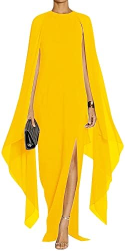 MAYFASEY Women's Formal Dresses Flowy Chiffon Sleeve Front High Split Evening Gown Maxi Club Party Dresses for Wedding Guest Yellow L