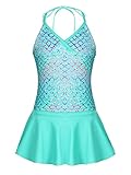 TiaoBug Mädchen Bademode Tankini Bikini Badeanzug Schwimmanzug geblümt Neckholder Top + Baderock mit Innenslip Gr. 98 104 110 116 122 128 140 152 164 Grün Meerjungfrau 158-164