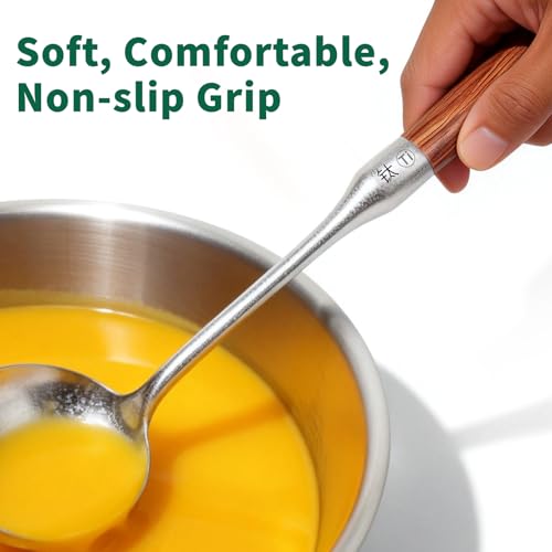 Image of Newness Soup Ladle and Solid Turner, Pure Titanium Soup Spoon and Turner | [Rustproof, Heat Resistance] Resilient, with Long Ergonomic Natural Wooden Round Handle, Non-Toxic Cooking Spoon for Kitchen