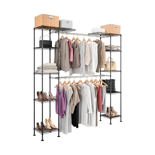 Seville Classics Closet Garment Organizer with Metal Hanging Rod Wardrobe Storage System, w/ Steel Shelves for Clothes, Shirts, Jackets, Coats, Blankets, Shoes, Satin Bronze, Expandable Rack