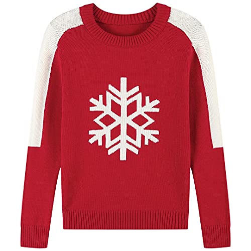 AUSTINCIAGA Pull-Over Sweater Tricot Rouge Garçons Fille Enfant Coton Col Rond Manches Longues Christmas Noël Fête Nouvel an Motif Flocons de Neige 10 Ans Cover
