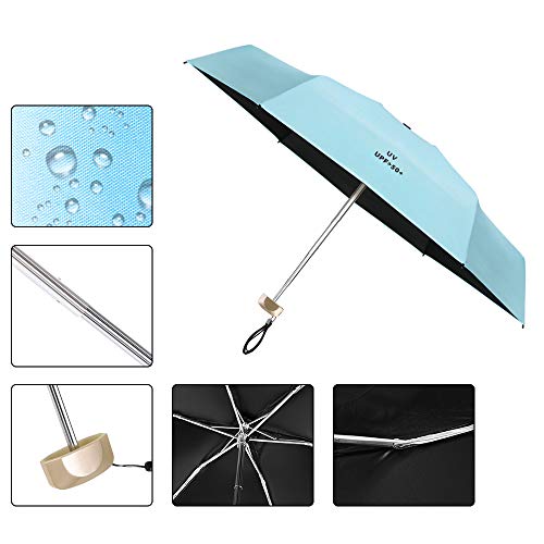 Vicloon Mini Ombrello, Ombrello Tascabile Con Manico Dorato Nervature In Lega Di Alluminio, Portatile Compatto Pieghevole Viaggio Ombrello, Upf 50+ Ombrellos Da Sole/Pioggia - Azzurro - 6