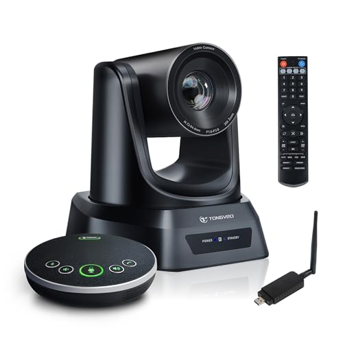 TONGVEO Wireless AI PTZ 20X Camera System with Auto Tracking Built-in Receiver & Bluetooth Speakerphone, 5.8GHz 1080P 60fps Conference Camera for Church Zoom, OBS Meetings