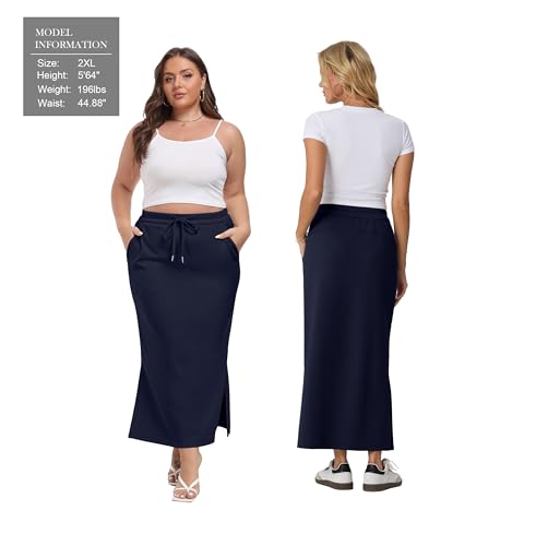 Image of Lepunuo Women's High Waisted Sweat Maxi Skirt with Pockets Slit | Ultra Soft Sweat Fabric, High Waist Drawstring, Deep Phone Pockets, Side Slit for Movement, Ideal for Lounge Travel