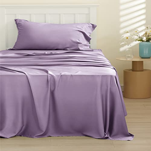 Image of Bedsure Cooling Sheets Twin, Rayon Derived from Bamboo, PureWoven, Breathable & Soft Twin Sheets Set, Deep Pocket Up to 16 Inches, Hotel Luxury Silky Bedding for Hot Sleepers, Lilac